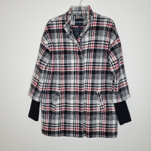 Express Plaid Ribbed Sleeves Wool Cocoon Jacket - Picture 5 of 14